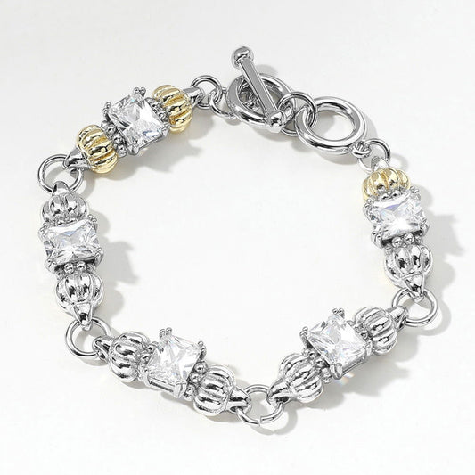 Two Tone CZ Stone Cluster Link Toggle Bracelet - M H W ACCESSORIES LLC