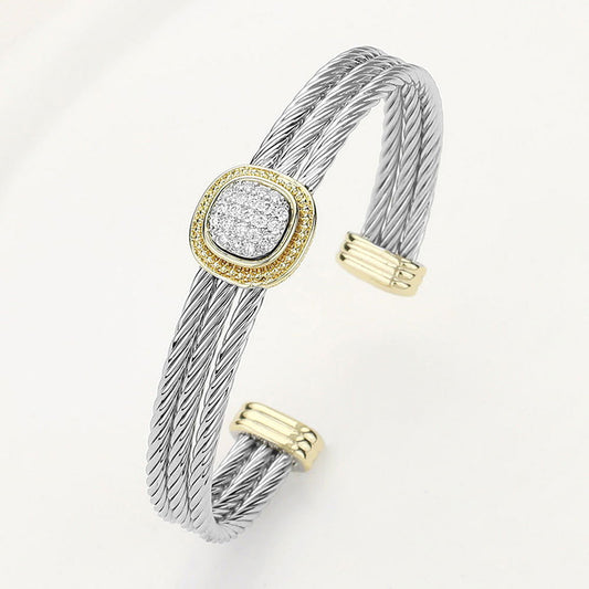 Two Tone CZ Stone Paved Square Accented Cuff Bracelet - M H W ACCESSORIES LLC