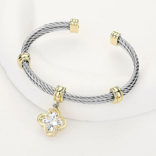 Two Tone CZ Stone Quatrefoil Charm Dangle Cuff Bracelet - M H W ACCESSORIES LLC