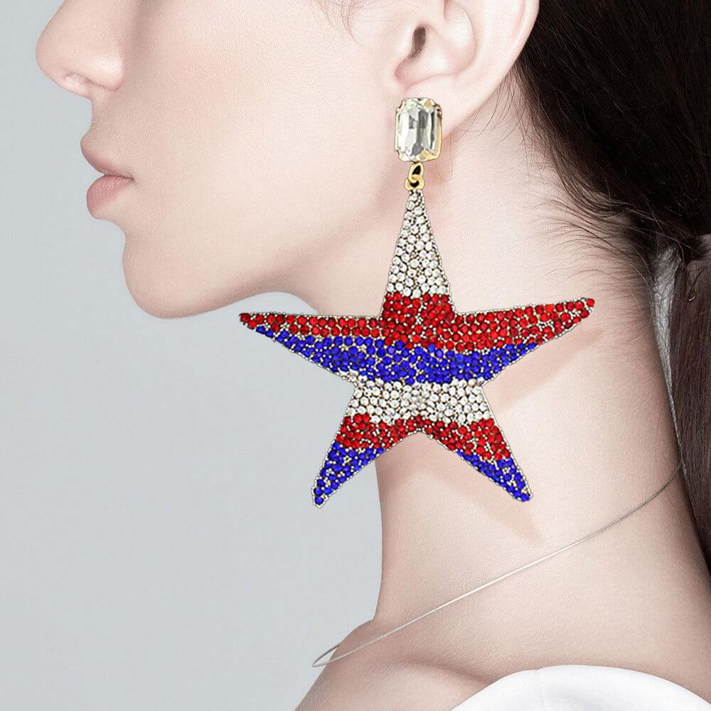 USA Flag Rhinestone Embellished Metal Star Dangle Earrings - M H W ACCESSORIES LLC