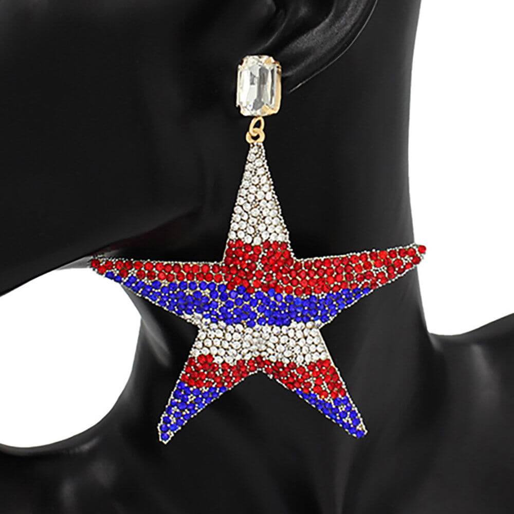 USA Flag Rhinestone Embellished Metal Star Dangle Earrings - M H W ACCESSORIES LLC