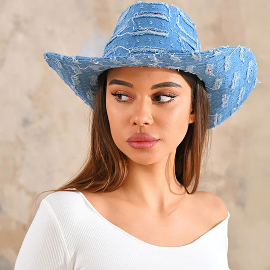 Vintage Distressed Blue Denim Western Cowboy Hat - M H W ACCESSORIES LLC