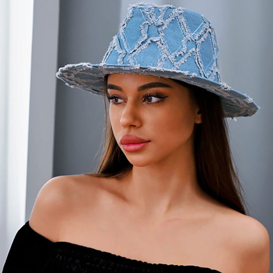 Vintage Frayed Blue Denim Fedora Hat - M H W ACCESSORIES LLC