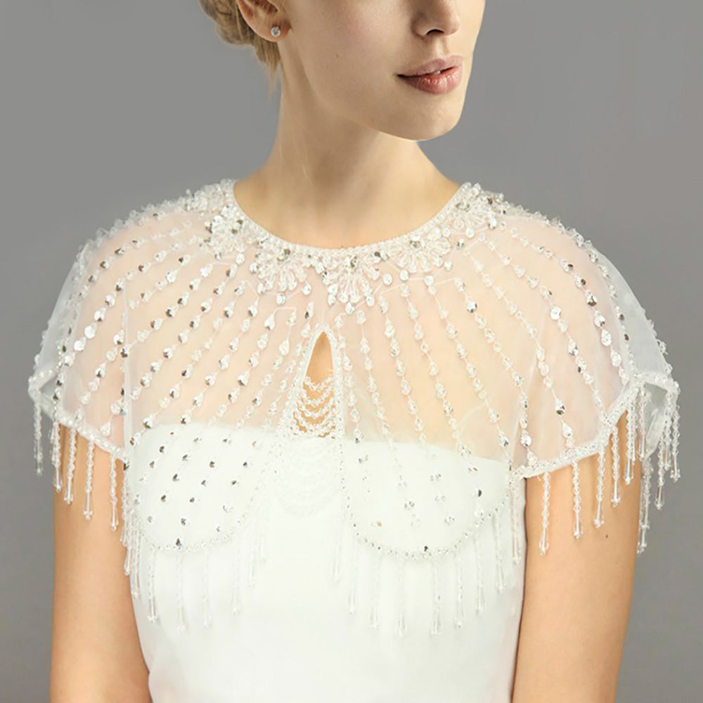 Clear & White Draped Crystal Embellished Wedding Collar Shawl