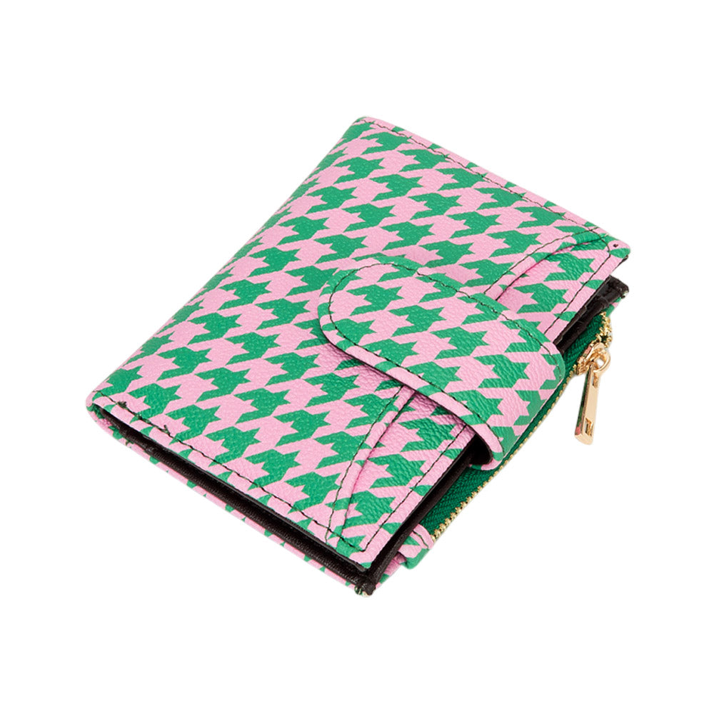 Pink & Green Metal Deco Accent Faux Leather Houndstooth Card Organizer Wallet
