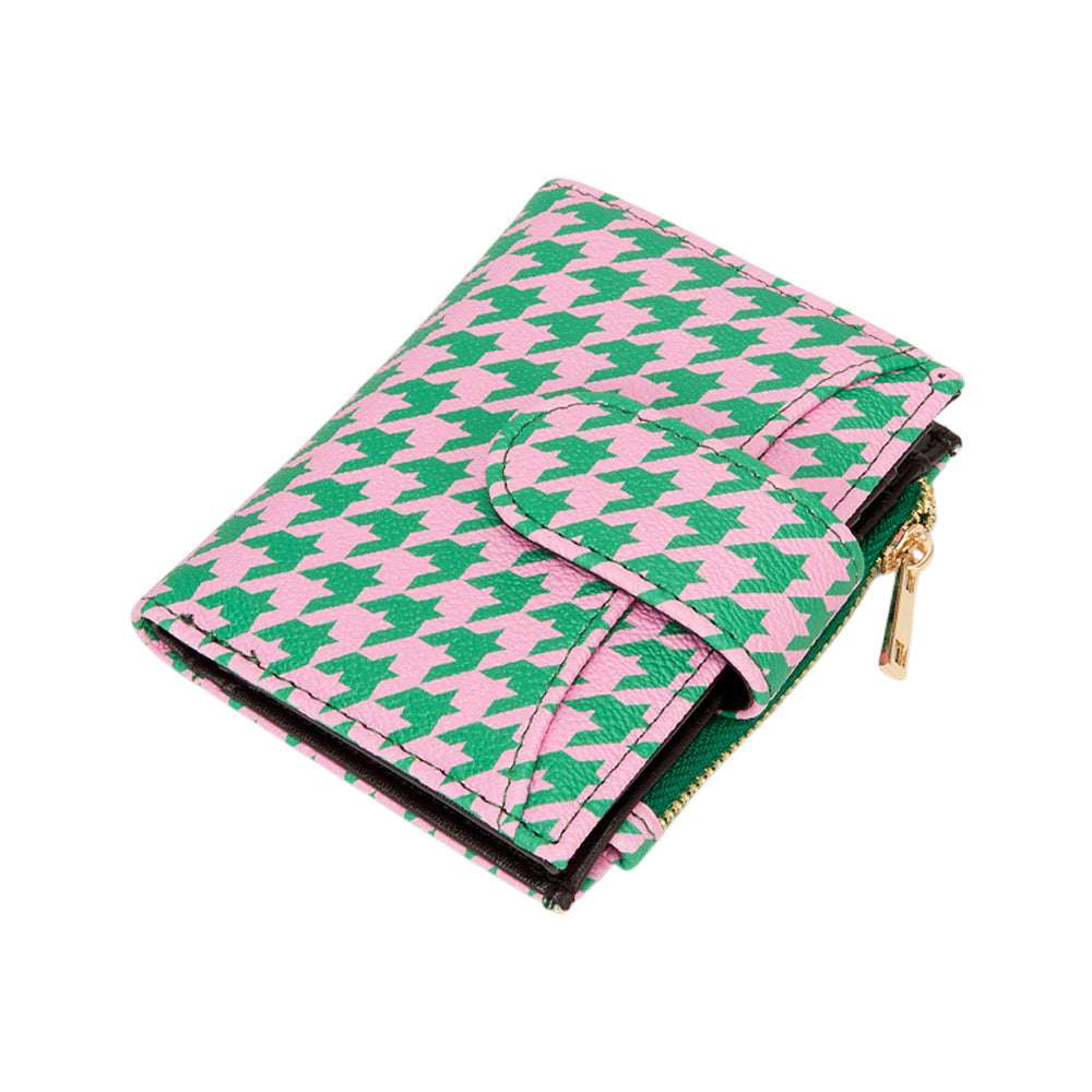 Pink & Green Metal Deco Accent Faux Leather Houndstooth Card Organizer Wallet M H W ACCESSORIES LLC Pink & Green Metal Deco Accent Faux Leather Houndstooth Card Organizer Wallet