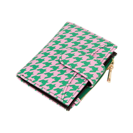 Pink & Green Metal Deco Accent Faux Leather Houndstooth Card Organizer Wallet M H W ACCESSORIES LLC Pink & Green Metal Deco Accent Faux Leather Houndstooth Card Organizer Wallet
