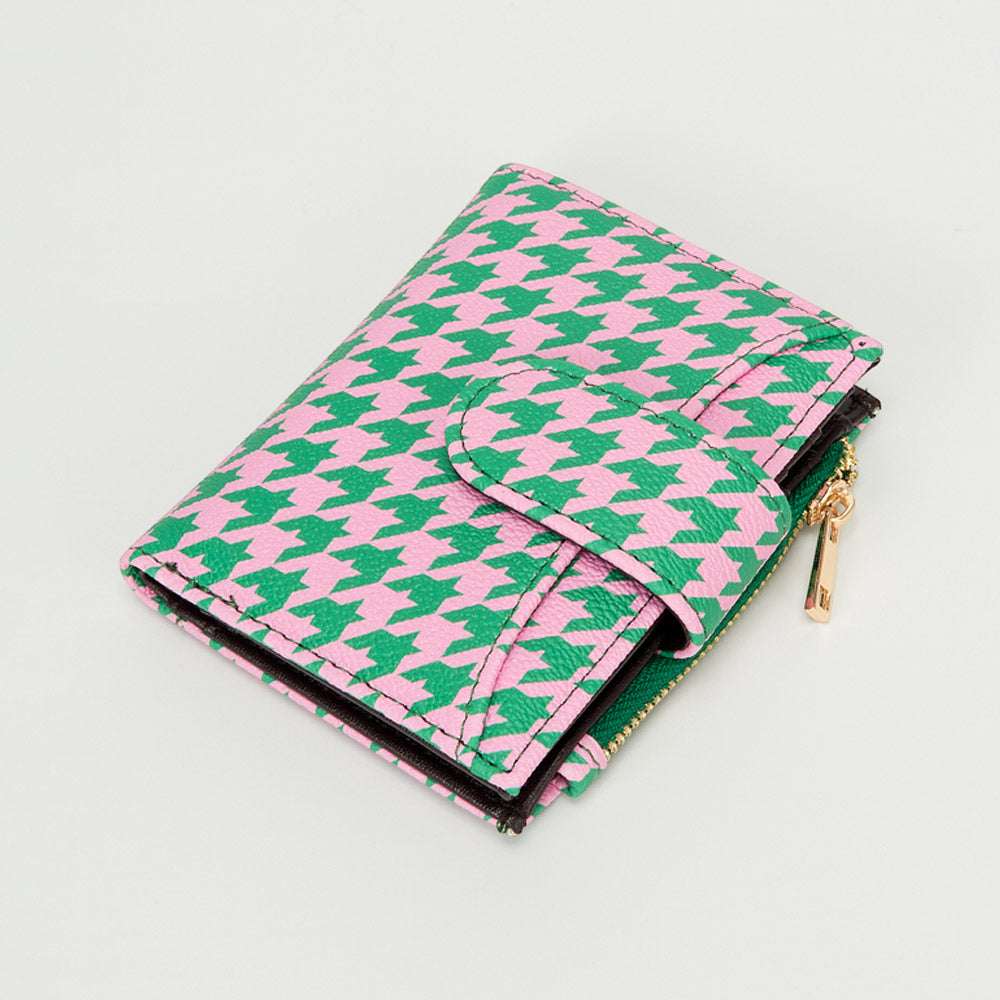 Pink & Green Metal Deco Accent Faux Leather Houndstooth Card Organizer Wallet M H W ACCESSORIES LLC Pink & Green Metal Deco Accent Faux Leather Houndstooth Card Organizer Wallet