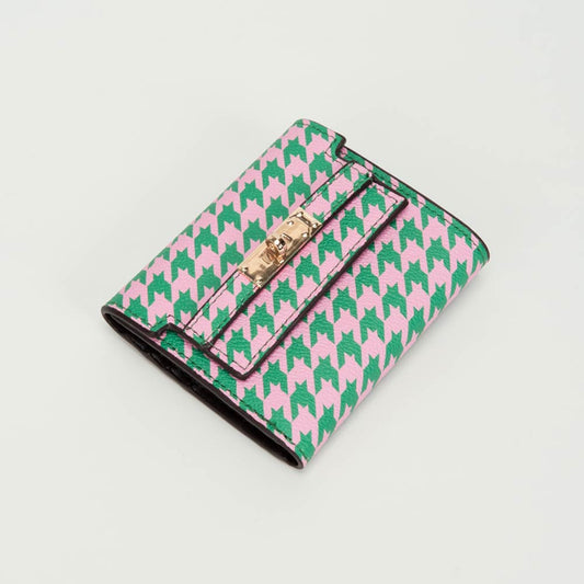 Pink & Green Metal Deco Accent Faux Leather Houndstooth Compact Fold Wallet