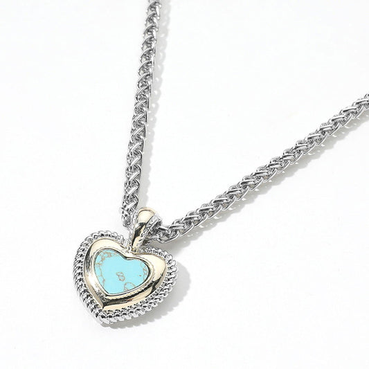 Western Turquoise Heart Stone Pendant Two Tone Pendant Necklace - M H W ACCESSORIES LLC