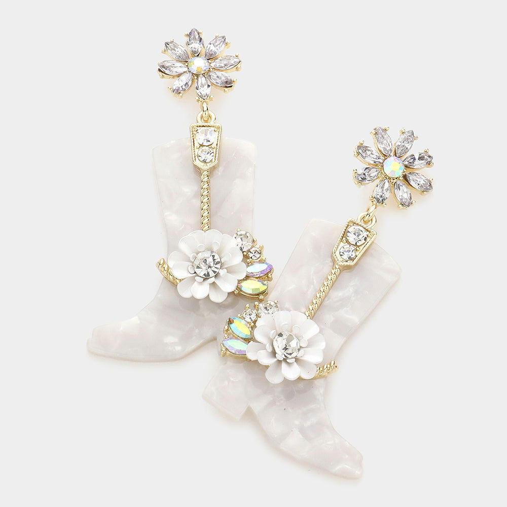 White Crystal Western Boots Dangle Earrings-M H W ACCESSORIES - M H W ACCESSORIES LLC