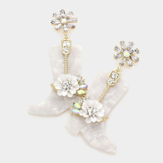 White Crystal Western Boots Dangle Earrings-M H W ACCESSORIES - M H W ACCESSORIES LLC