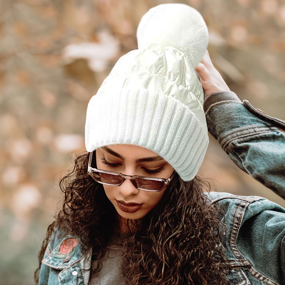 White Fleece Lining Puffer Knit Pom Pom Beanie Hat (Copy) - M H W ACCESSORIES LLC