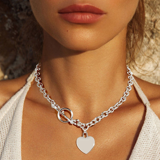 White Gold Dipped Brass Metal Heart Lock Pendant Toggle Necklace - M H W ACCESSORIES LLC