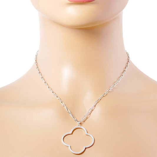 White Gold Dipped CZ Open Quatrefoil Pendant Necklace - M H W ACCESSORIES LLC