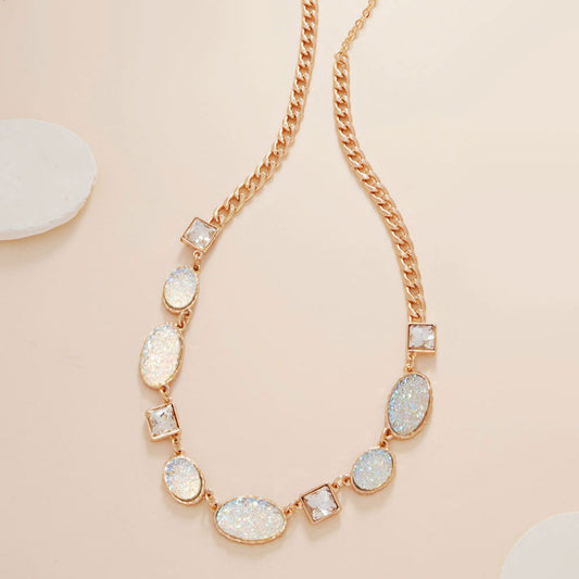 White Oval Druzy Square Stone Cluster Station Necklace - M H W ACCESSORIES LLC
