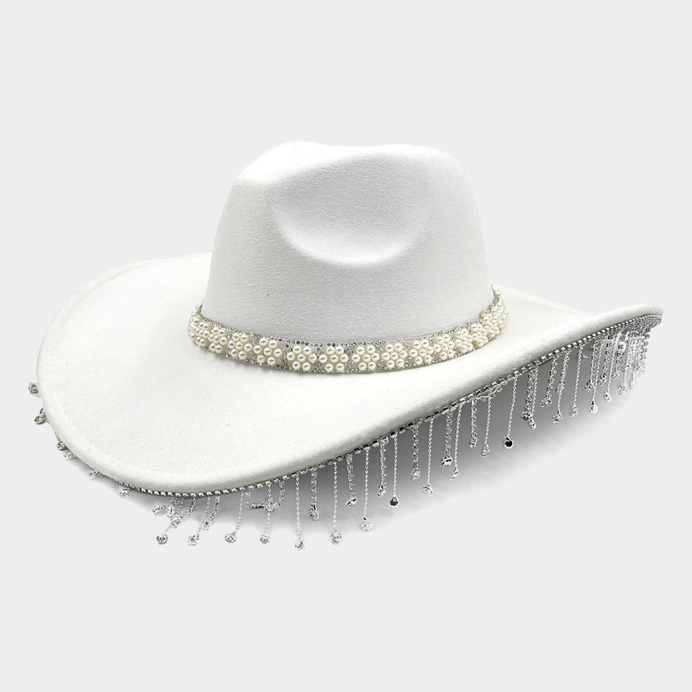 White Pearl Flower Cluster Embellished Rhinestone Stone Fringe Cowboy Western Hat - M H W ACCESSORIES LLC