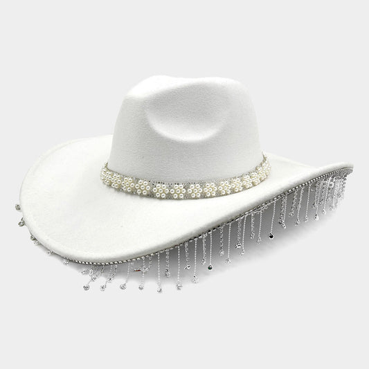 White Pearl Flower Cluster Embellished Rhinestone Stone Fringe Cowboy Western Hat - M H W ACCESSORIES LLC
