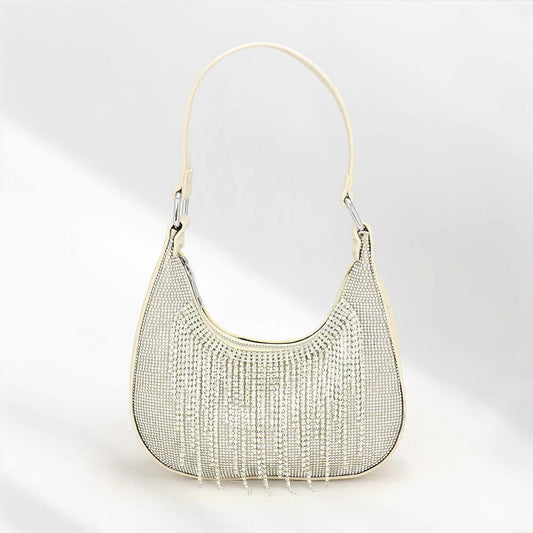 White Rhinestone Fringe Evening Shoulder / Crossbody Bag - M H W ACCESSORIES LLC