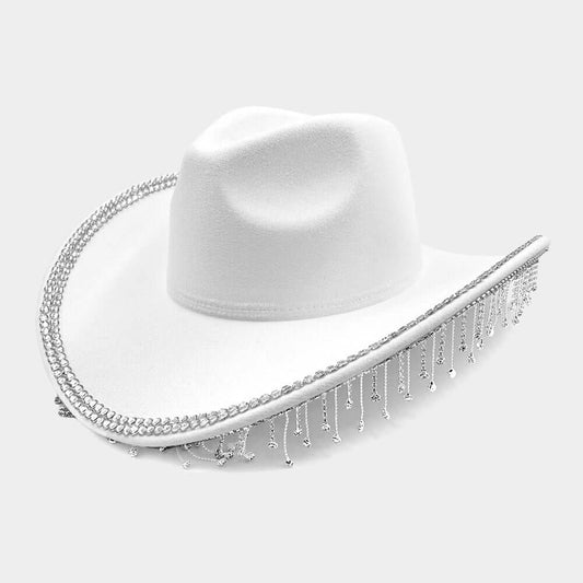 White Rhinestone Stone Paved Fringe Around Cowboy Western Hat - M H W ACCESSORIES LLC