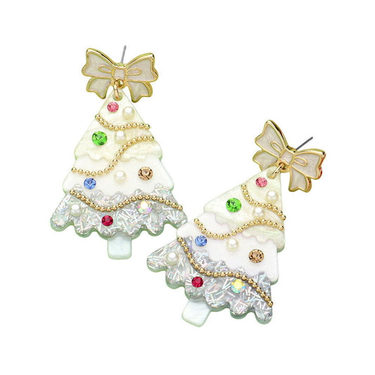 White Stone Pearl Embellished Resin Christmas Tree Dangle Earrings - M H W ACCESSORIES LLC