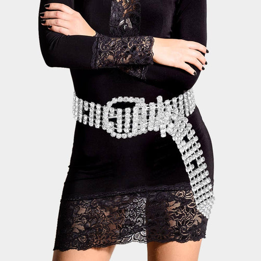Women Crystal Embellished Rhinestone Buckle Belt - M H W ACCESSORIES LLC