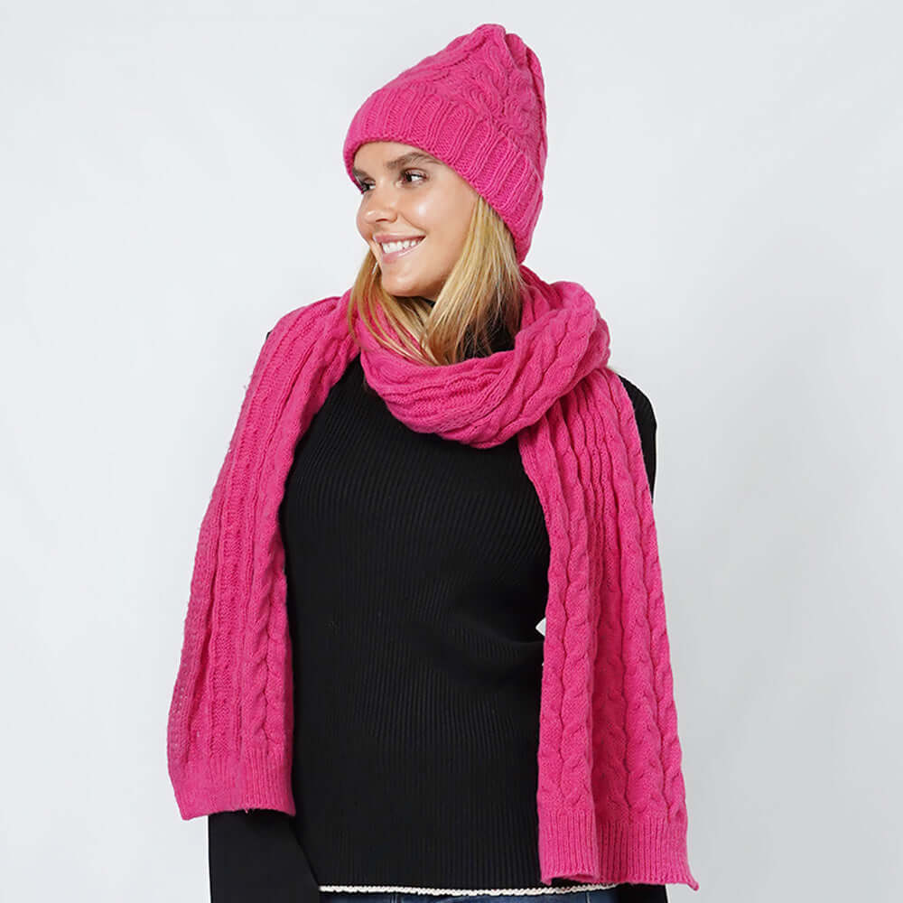 Women's Fuchsia Cable Knit Hat Scarf Set-M H W ACCESSORIES - M H W ACCESSORIES LLC