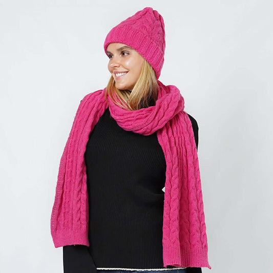 Women's Fuchsia Cable Knit Hat Scarf Set-M H W ACCESSORIES - M H W ACCESSORIES LLC