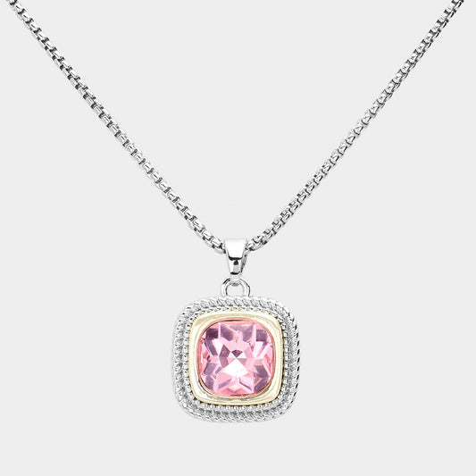Women's Pink Square Crystal Pendant Necklace-M H W ACCESSORIES - M H W ACCESSORIES LLC