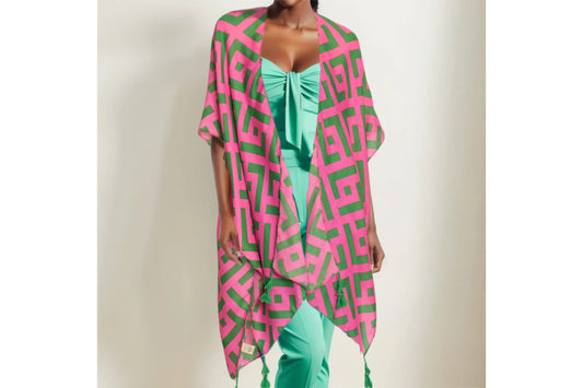 Kimono Lux Geo Print Green and Pink Poncho for Women - M H W ACCESSORIES LLC