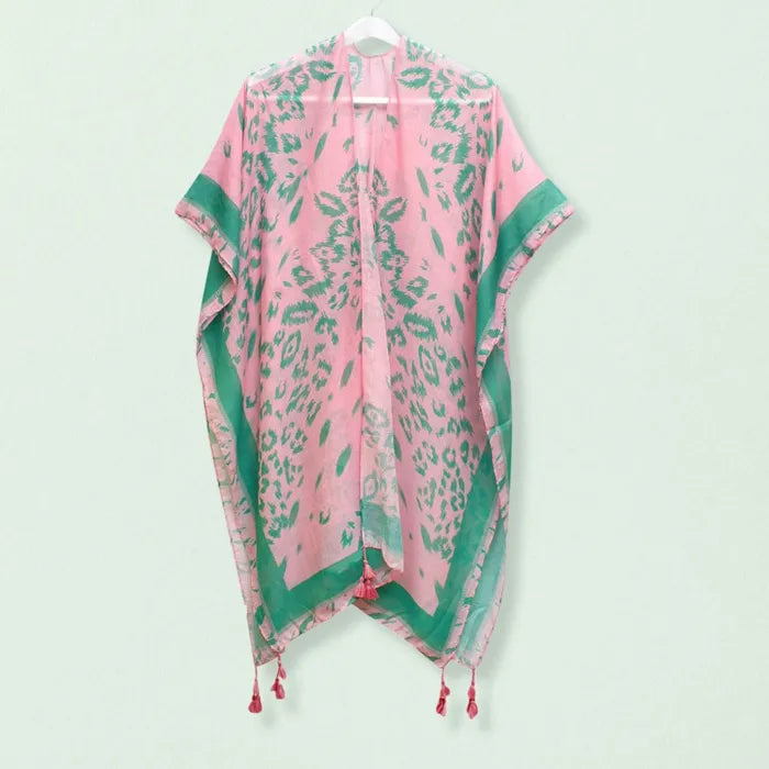 Pink & Green Leopard Print Kimono Poncho With Tassel for Women