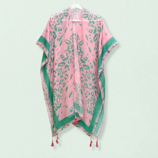 Pink & Green Leopard Print Kimono Poncho With Tassel for Women