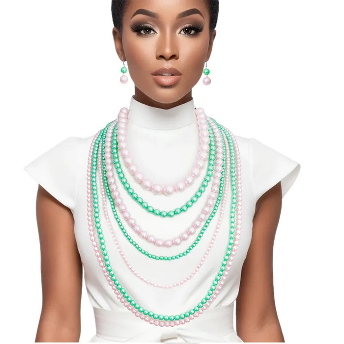 Pink & Green Pearl Long 7 Row Necklace