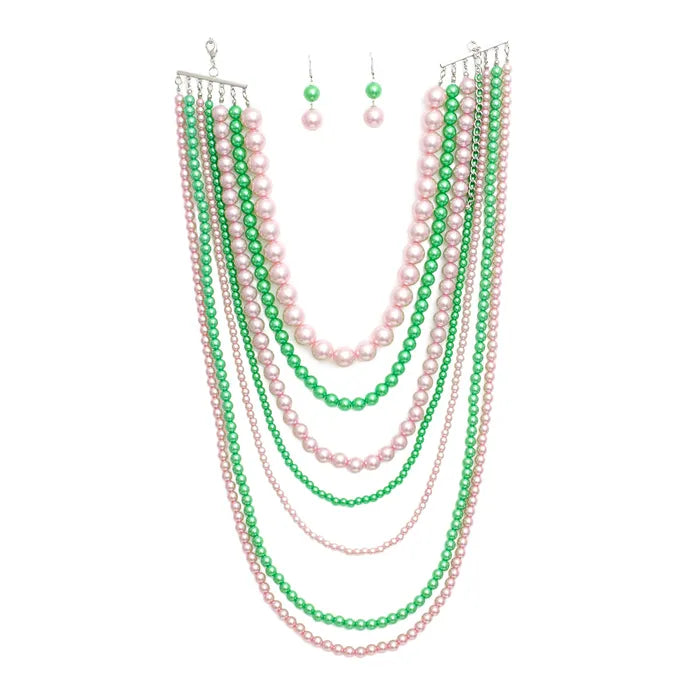 Pink & Green Pearl Long 7 Row Necklace