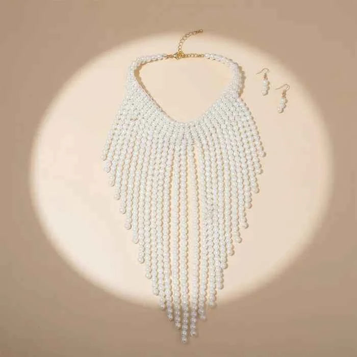 Bib Long Cream Pearl Fringe Choker Necklace