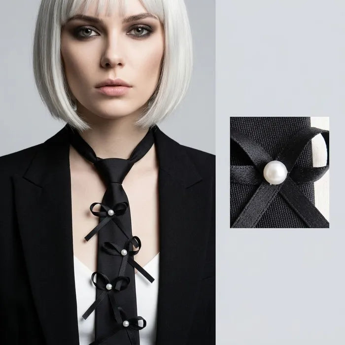 Black Pearl Ribbon Bow Necktie Necklace M H W ACCESSORIES LLC Black Pearl Ribbon Bow Necktie Necklace