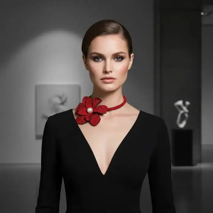 Red Bling Studded Oversized Flower Pointed Necklace M H W ACCESSORIES LLC Red Bling Studded Oversized Flower Pointed Necklace