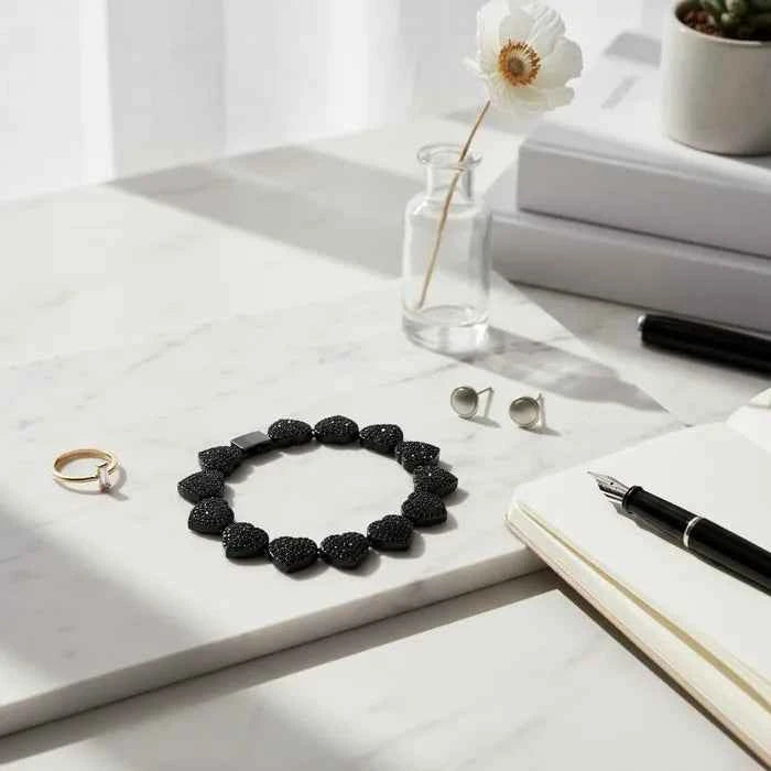 Chain Jet Black Pave Heart Link Bracelet Set for Women