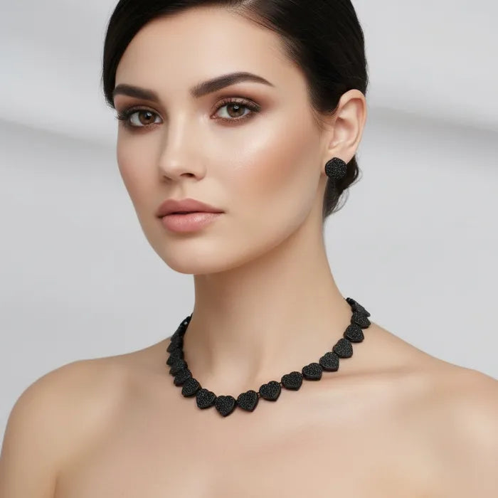 Jet Black Pave Heart Link Necklace Set for Women
