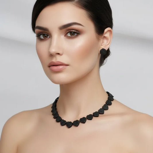 Jet Black Pave Heart Link Necklace Set for Women