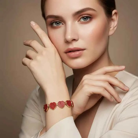 Chain Red Pave Heart Link Bracelet Set for Women