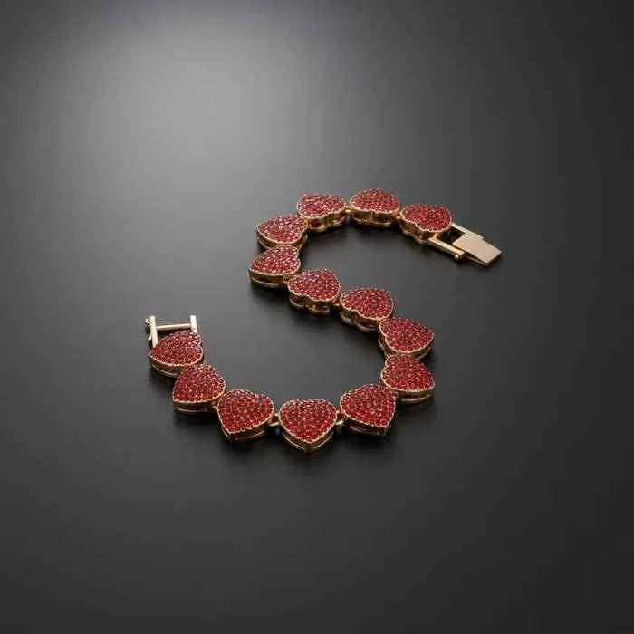 Chain Red Pave Heart Link Bracelet Set for Women