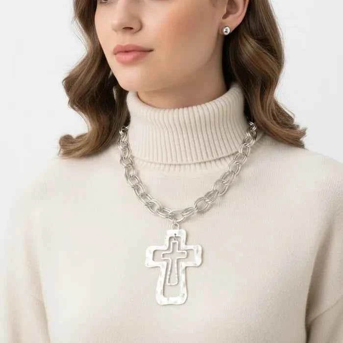 Chain Silver Double Oval Link Double Cross Necklace
