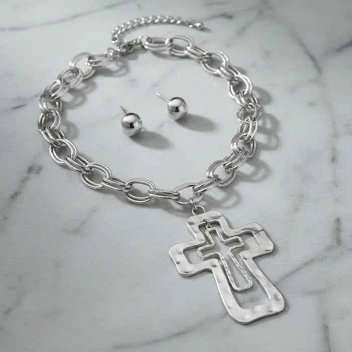 Chain Silver Double Oval Link Double Cross Necklace