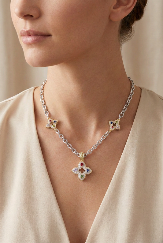 14K Gold Plated Two-Tone CZ Stone Paved Clover Chunky Chain Necklace M H W ACCESSORIES LLC 14K Gold Plated Two-Tone CZ Stone Paved Clover Chunky Chain Necklace