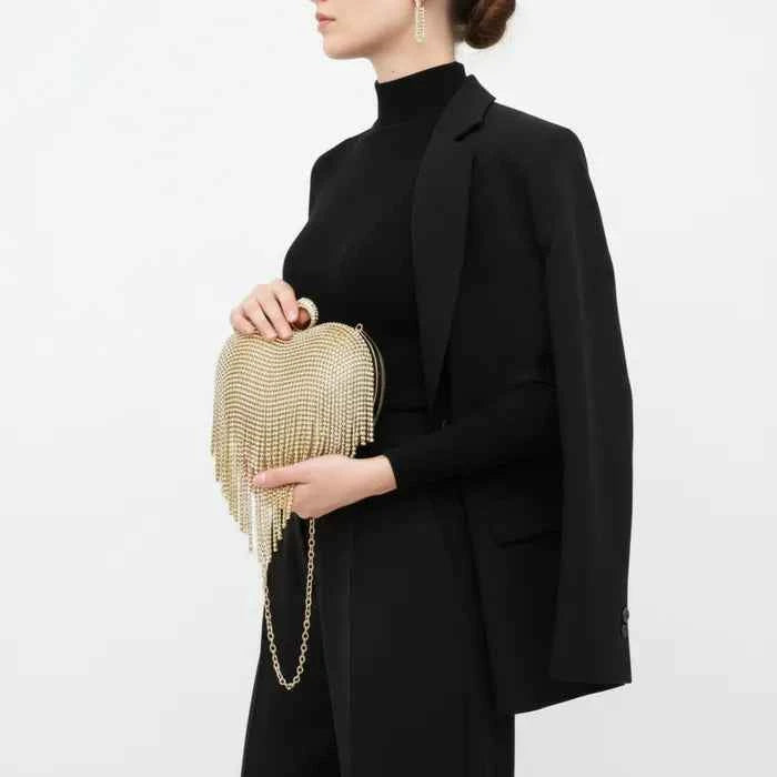 Clutch Gold Rhinestone Fringe Heart Hardcase Bag