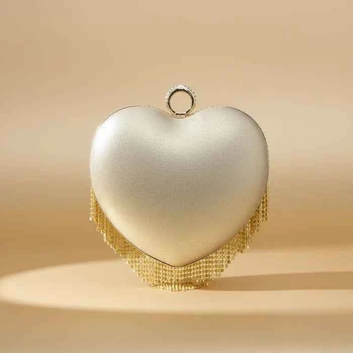 Clutch Gold Rhinestone Fringe Heart Hardcase Bag