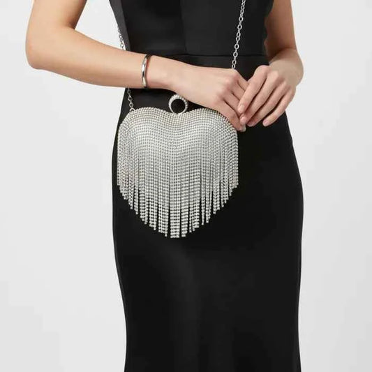 Clutch Silver Rhinestone Fringe Heart Hardcase Bag