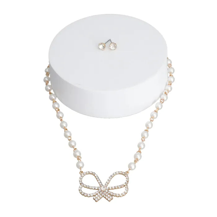 Cream Pearl Rhinestone Bow Necklace Set for Women