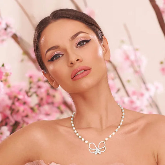 Cream Pearl Rhinestone Bow Necklace Set for Women